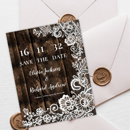 Rustic Wood Lace Floral Wedding Save the Date ポストカード