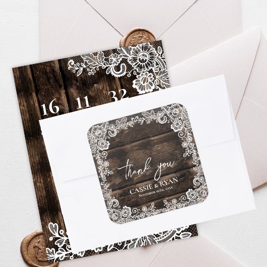 Rustic Wood Lace Floral Wedding Thank You スクエアシール