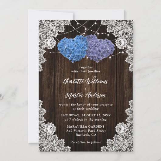 Rustic Wood Lace Purple and Blue Floral Wedding 招待状 (正面)