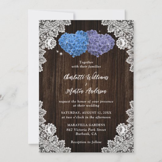 Rustic Wood Lace Purple and Blue Floral Wedding 招待状 (正面)