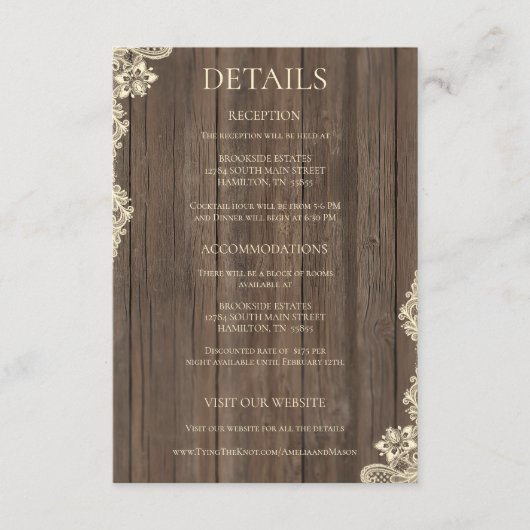Rustic Wood Lace Wedding Details Enclosure Card 出欠カード (正面)