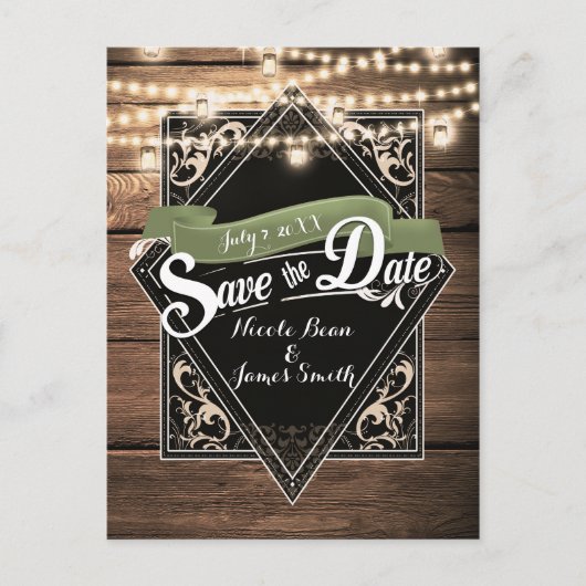 Rustic Wood & Lights エンゲージメント Save The Date ポストカード (正面)