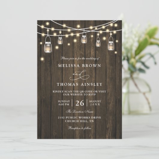 Rustic Wood & Lights Country Chic QR Code Wedding 招待状 (スタンド正面)