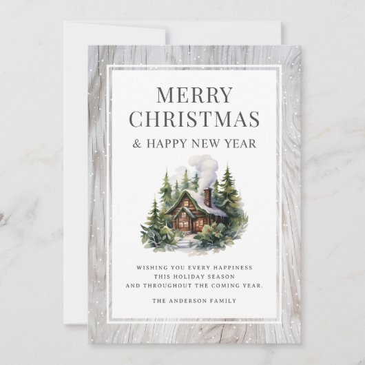Rustic Wood Log Cabin Snow Christmas New Year Card シーズンカード (正面)