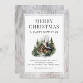Rustic Wood Log Cabin Snow Christmas New Year Card シーズンカード (正面/裏面)