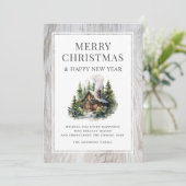 Rustic Wood Log Cabin Snow Christmas New Year Card シーズンカード (スタンド正面)