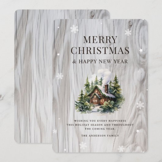 Rustic Wood Log Cabin Snowflake シーズンカード (正面/裏面)