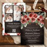 Rustic Wood Marsala Floral Photo QR Code Wedding 招待状<br><div class="desc">Amaze your guests with this elegant wedding invite featuring beautiful flowers and modern typography with QR Code for online RSVP. Simply add your event details on this easy-to-use template and adorn this card with your favorite photos to make it a unique personalized one-of-a-kind invitation.</div>