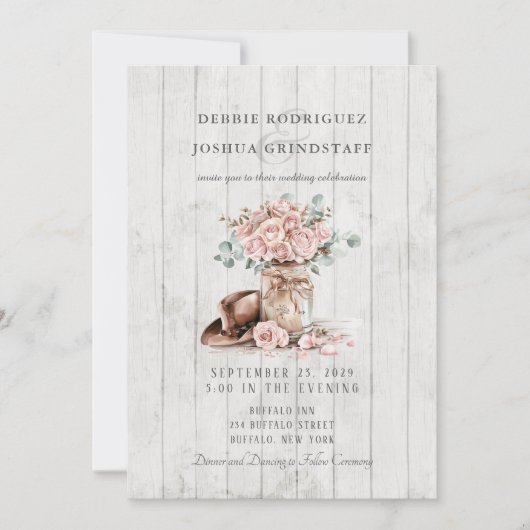 Rustic Wood Mason Jar Floral Wedding Invitation  招待状 (正面)