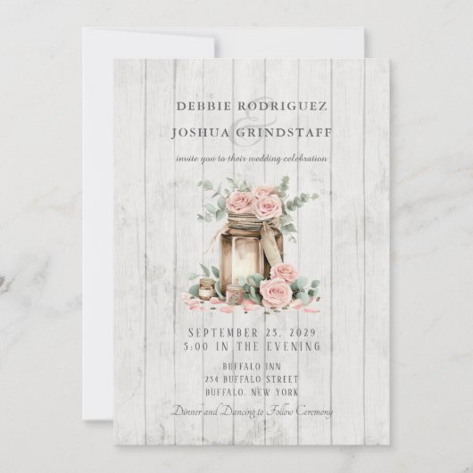 Rustic Wood Mason Jar Floral Wedding Invitation  招待状 (正面)