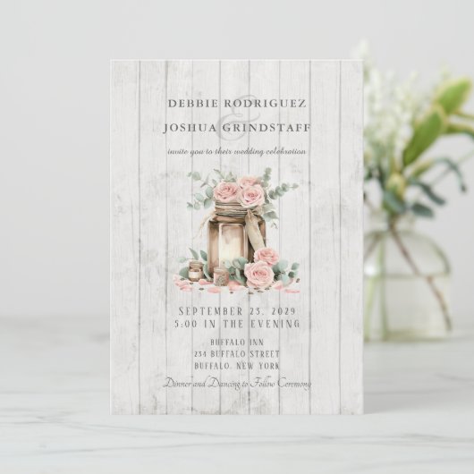 Rustic Wood Mason Jar Floral Wedding Invitation  招待状 (スタンド正面)