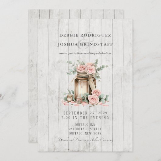 Rustic Wood Mason Jar Floral Wedding Invitation  招待状 (正面/裏面)