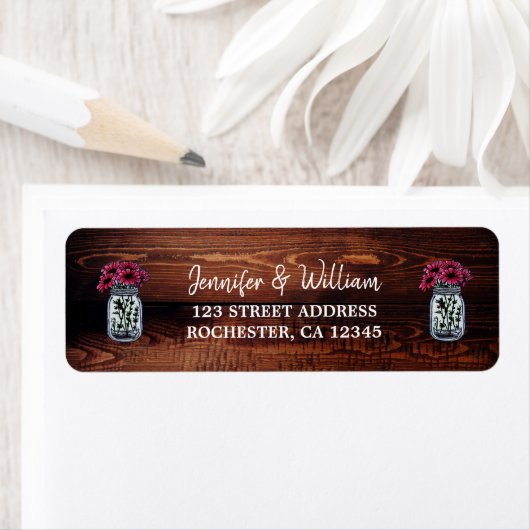 Rustic wood mason jar wedding return address ラベル (インサイチュ)