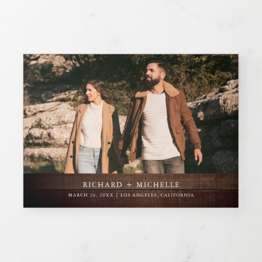 Rustic Wood Minimal Arch Photo QR code Wedding 三つ折り招待状 (カバー)