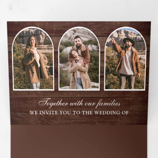 Rustic Wood Minimal Arch Photo QR code Wedding 三つ折り招待状 (内部最初)