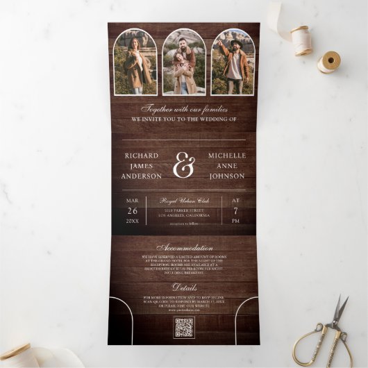 Rustic Wood Minimal Arch Photo QR code Wedding 三つ折り招待状 (内部)