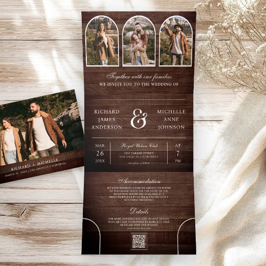 Rustic Wood Minimal Arch Photo QR code Wedding 三つ折り招待状