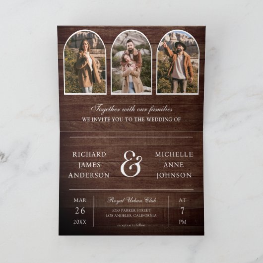Rustic Wood Minimal Arch Photo QR code Wedding 招待状 (内部)