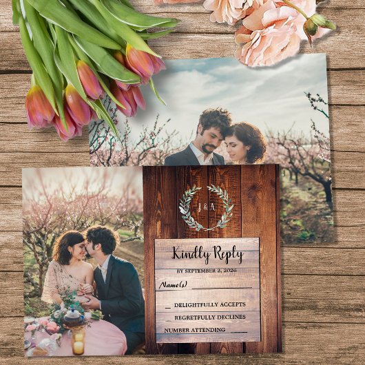 Rustic wood monogram photo Wedding budget RSVP エンクロージャーカード