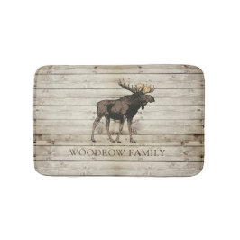 Rustic Wood Moose Family Name Shower Curtain バスマット