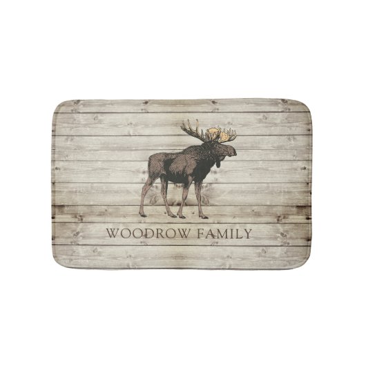 Rustic Wood Moose Family Name Shower Curtain バスマット (正面)