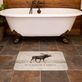 Rustic Wood Moose Family Name Shower Curtain バスマット
