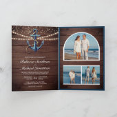 Rustic Wood Navy Blue Anchor QR Code Wedding 招待状 (内部)