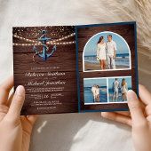 Rustic Wood Navy Blue Anchor QR Code Wedding 招待状