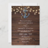 Rustic Wood Navy Blue Anchor QR Code Wedding 招待状 (正面)