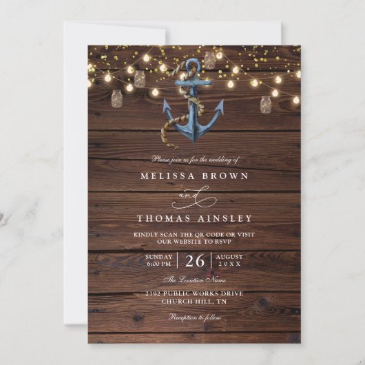 Rustic Wood Navy Blue Anchor QR Code Wedding 招待状 (正面)