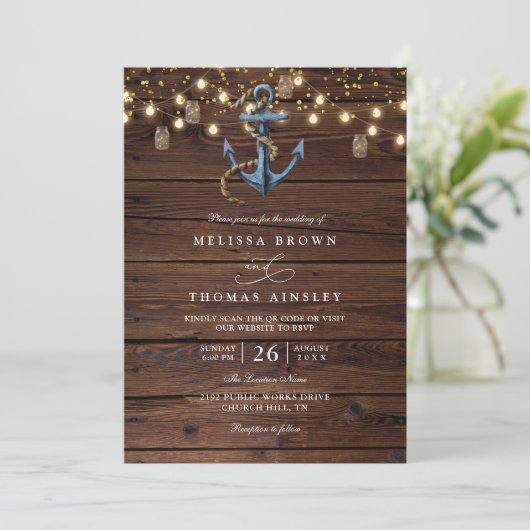 Rustic Wood Navy Blue Anchor QR Code Wedding 招待状 (スタンド正面)