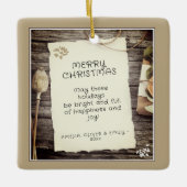 Rustic Wood Old Paper Script Merry Christmas セラミックオーナメント (正面)