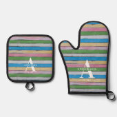 Rustic Wood Pastel Stripes Family Name 鍋つかみ&鍋敷きセット (正面)