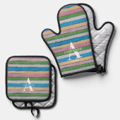 Rustic Wood Pastel Stripes Family Name 鍋つかみ&鍋敷きセット (正面/裏面)