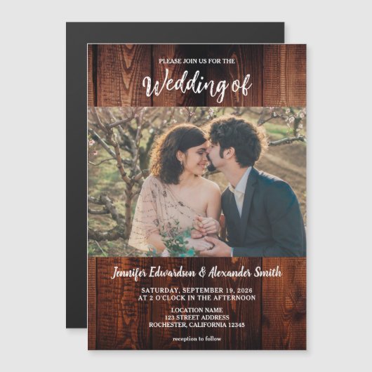 Rustic wood photo country wedding magnetic card (正面/裏面)
