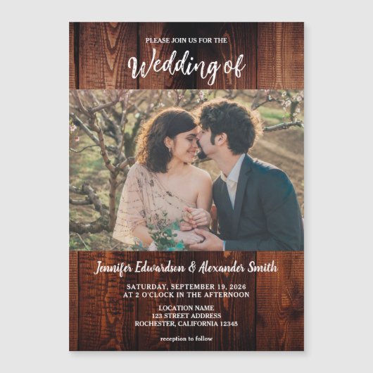 Rustic wood photo country wedding magnetic card (正面)