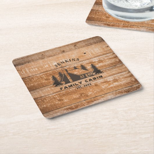 Rustic Wood Pine Forest Cabin Lodge Personalized スクエアペーパーコースター (アングル)