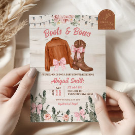 Rustic Wood Pink Boots and Bows Baby Shower 招待状
