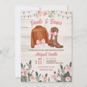 Rustic Wood Pink Boots and Bows Baby Shower 招待状 (正面)