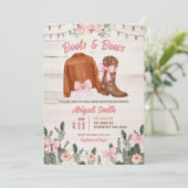 Rustic Wood Pink Boots and Bows Baby Shower 招待状 (スタンド正面)