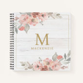 Rustic Wood Pink Floral Watercolor Monogram ノートブック (正面)