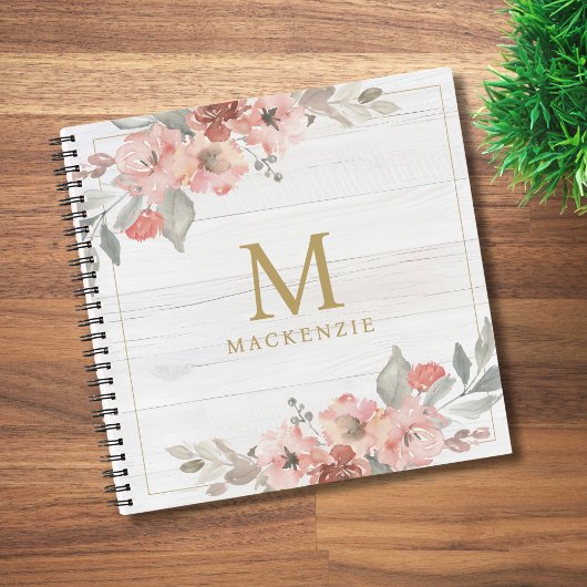Rustic Wood Pink Floral Watercolor Monogram ノートブック