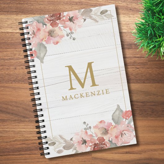 Rustic Wood Pink Floral Watercolor Monogram ノートブック