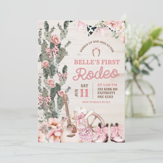 Rustic Wood Pink Girl First Rodeo 招待状 (スタンド正面)