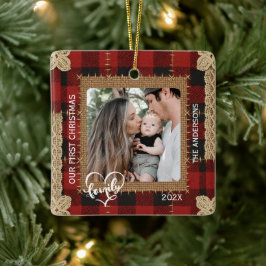 Rustic Wood Plank Plaid First Christmas Family セラミックオーナメント