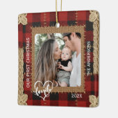 Rustic Wood Plank Plaid First Christmas Family セラミックオーナメント (左)