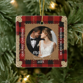 Rustic Wood Plank Plaid First Christmas Married  セラミックオーナメント