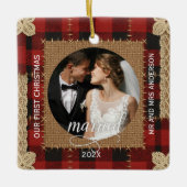 Rustic Wood Plank Plaid First Christmas Married  セラミックオーナメント (正面)