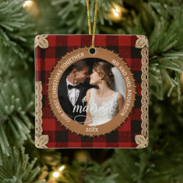 Rustic Wood Plank Plaid First Christmas Married  セラミックオーナメント