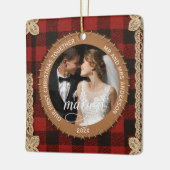 Rustic Wood Plank Plaid First Christmas Married  セラミックオーナメント (左)